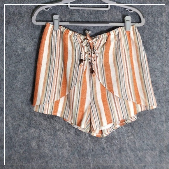 Honey Belle Shorts L Linen Drawstring Lace Up Striped High Rise Beach Coastal